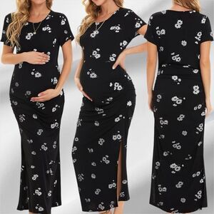 Smallshow Women's Short Sleeve Ruched Split Long Maternity Dress in the Size XXL